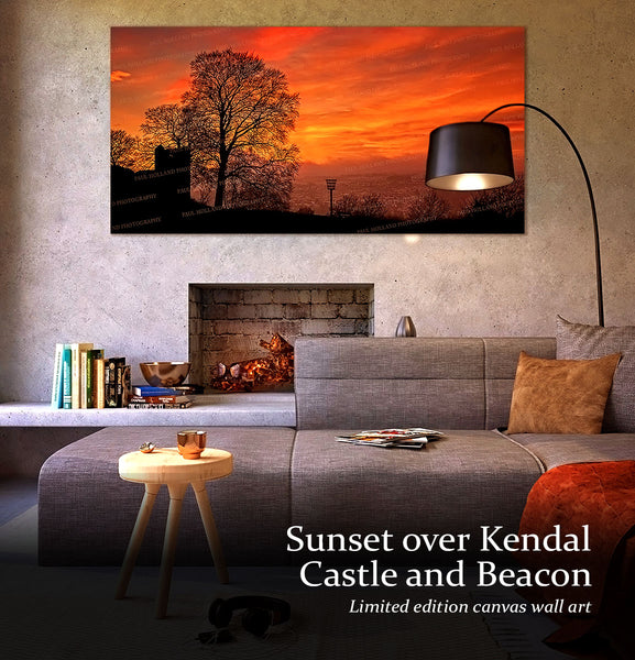 Image of Paul Holland's Kendal Castle Sunset canvas shown in a room setting