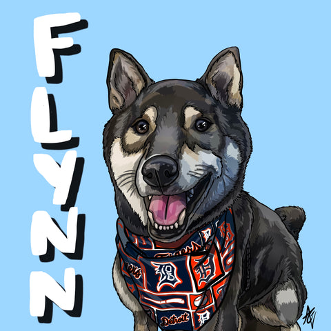 Digital drawing of a grey and white dog wearing a Detroit Tigers bandana around his neck. The background is light blue, and the name “Flynn” is written in bold letters vertically to the left of the dog.