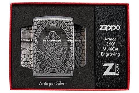 Briquet Zippo chromé antique gravure profonde St. Christophe, dans une boîte de luxe ouverte