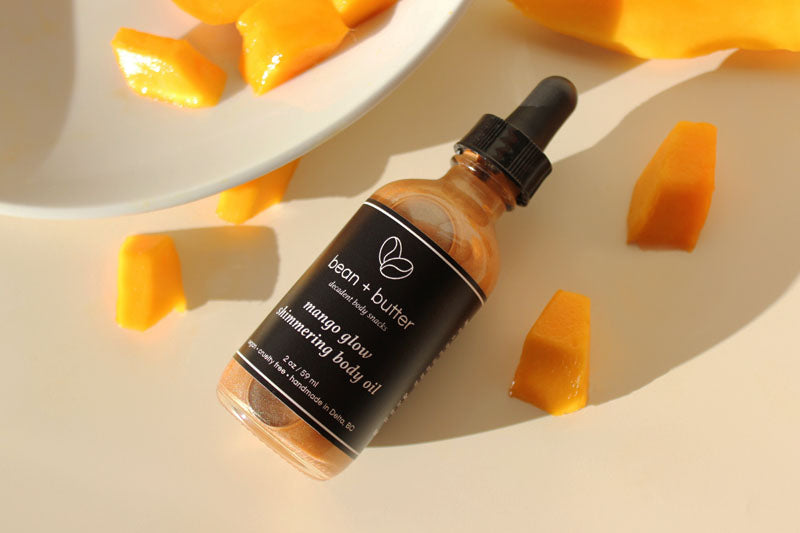 shimmering oil with cut mangos