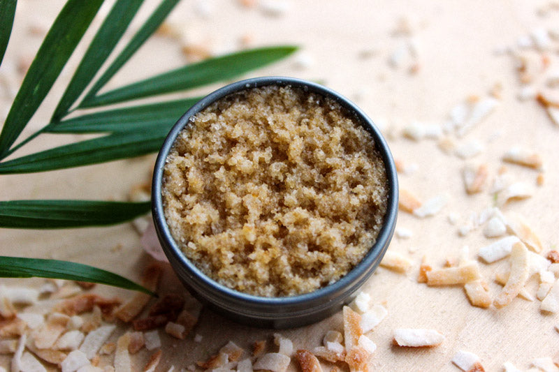 Toasted coconut lip scrub on top of coconut shreds