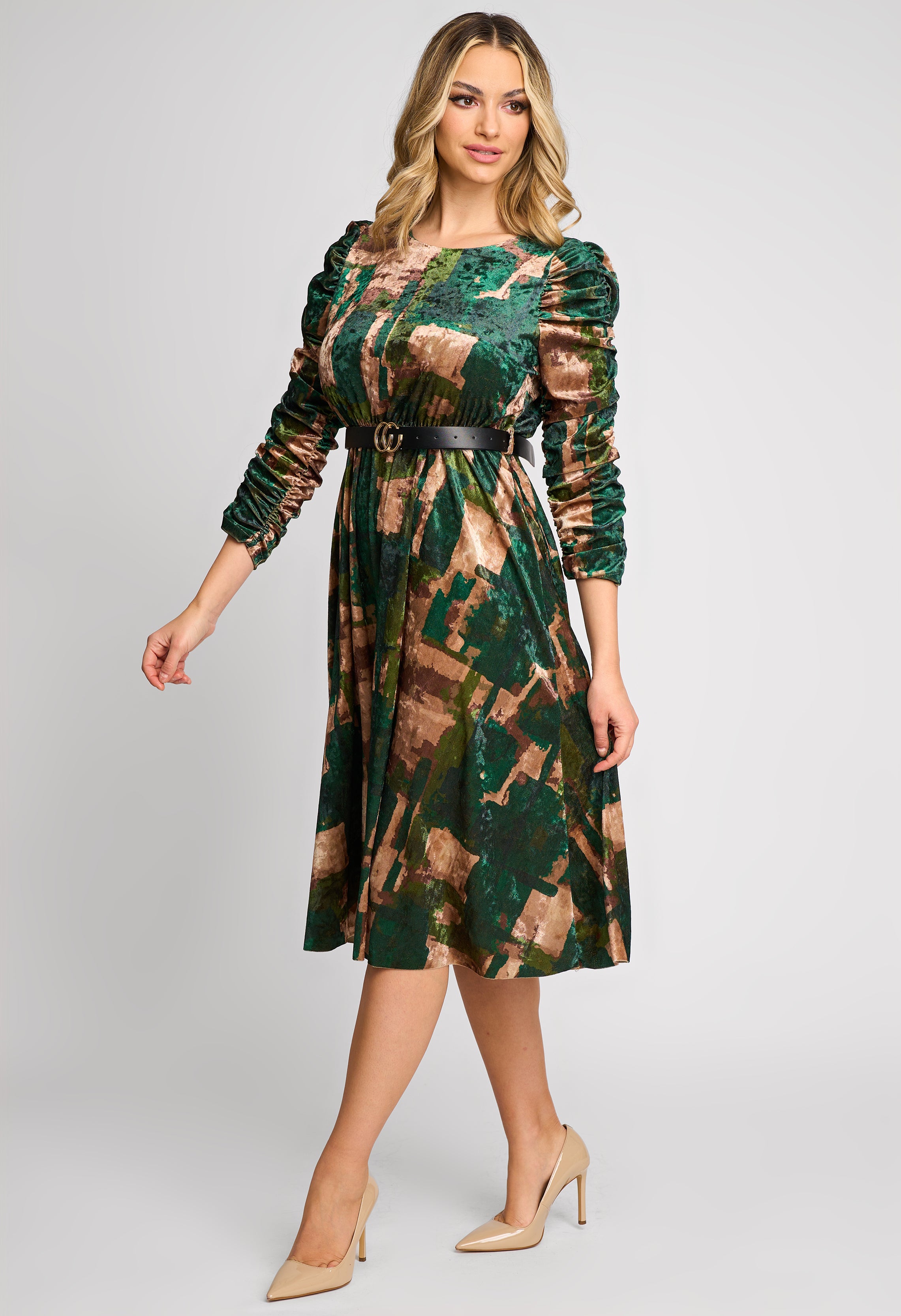 Rochie eleganta midi ilinca din catifea cu imprimeu verde smarald & curea