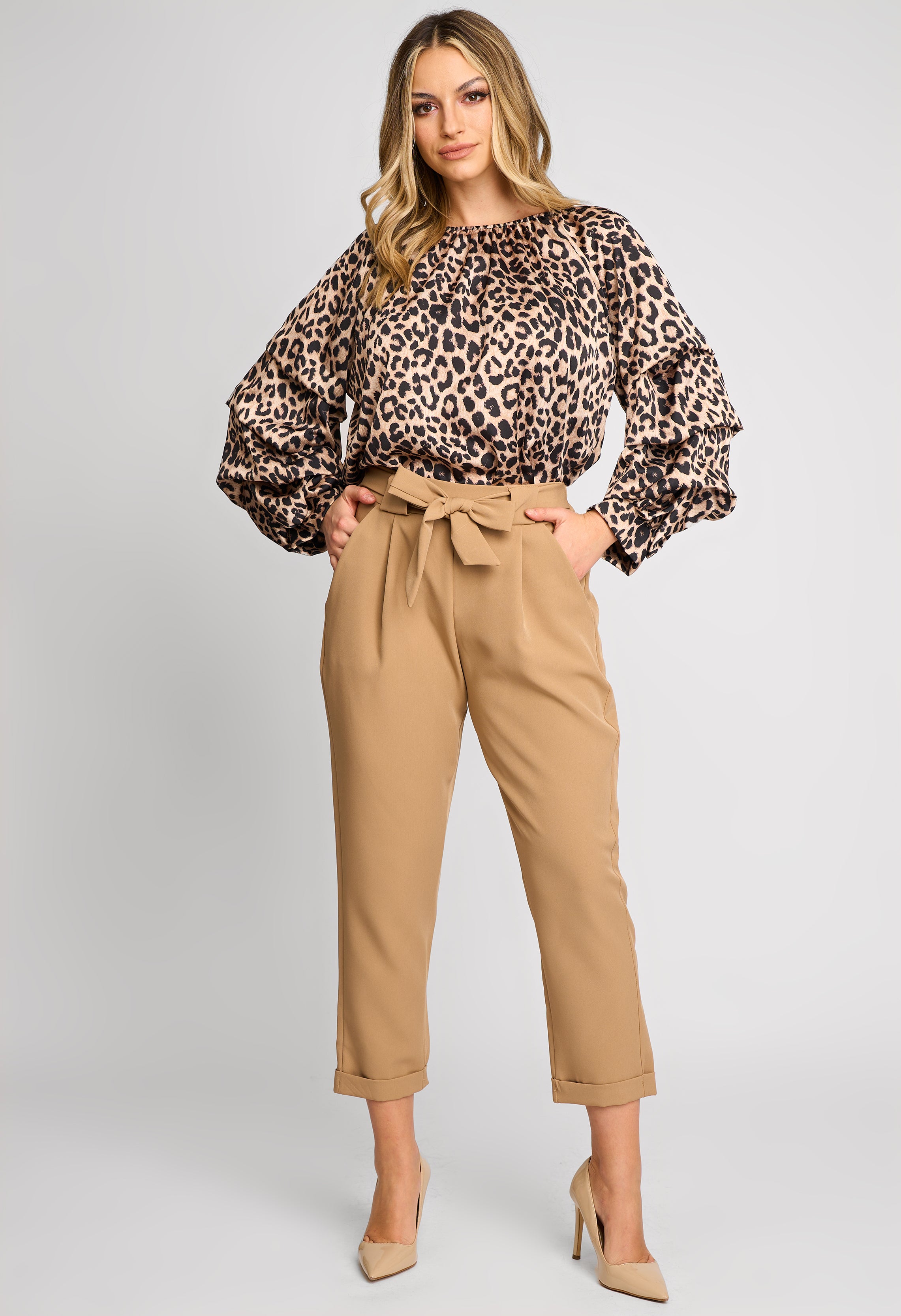 Locapica Pantaloni dama eleganti stella maro camel cu funda