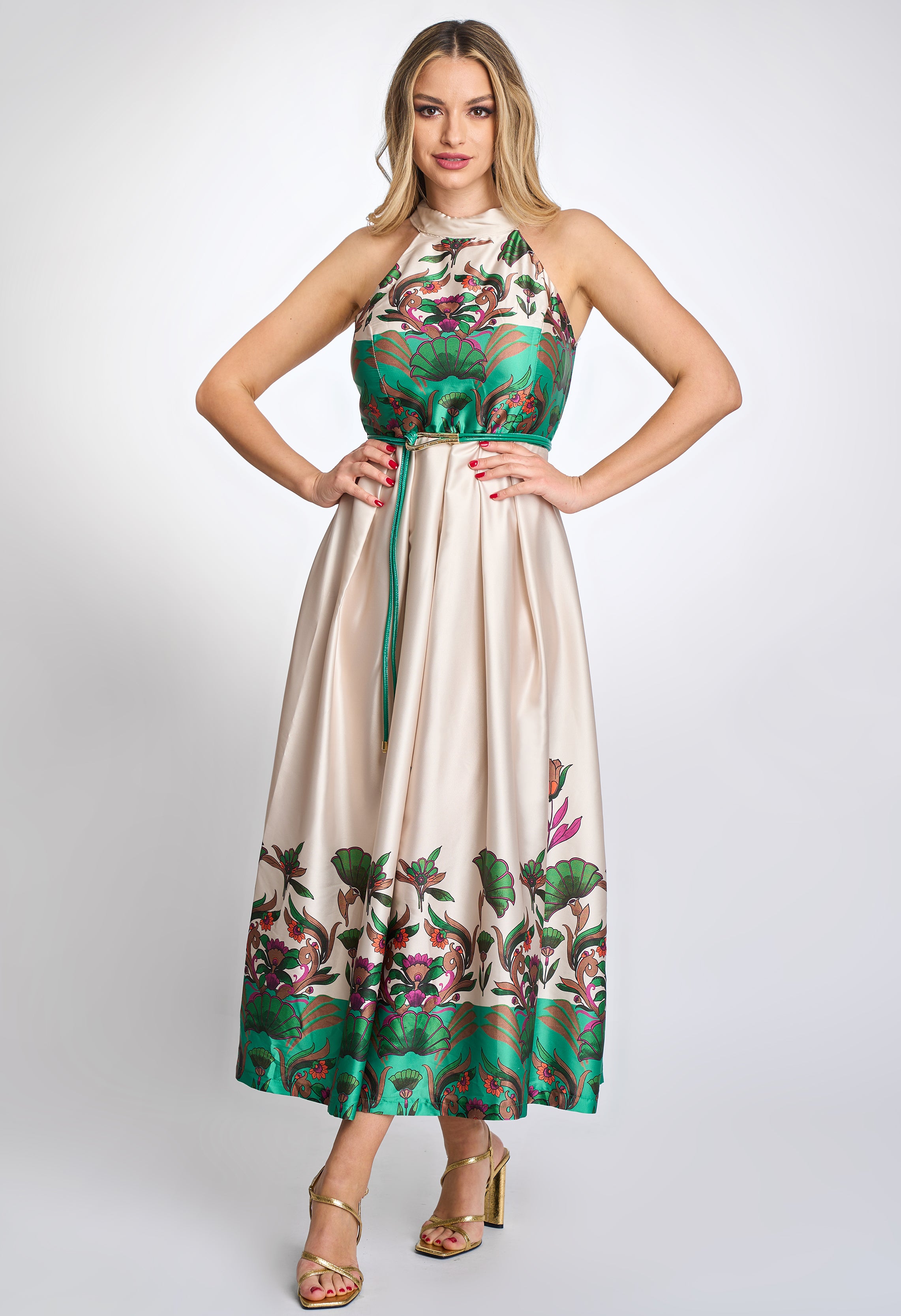 Rochie eleganta florence din satin cu print floral verde & curea