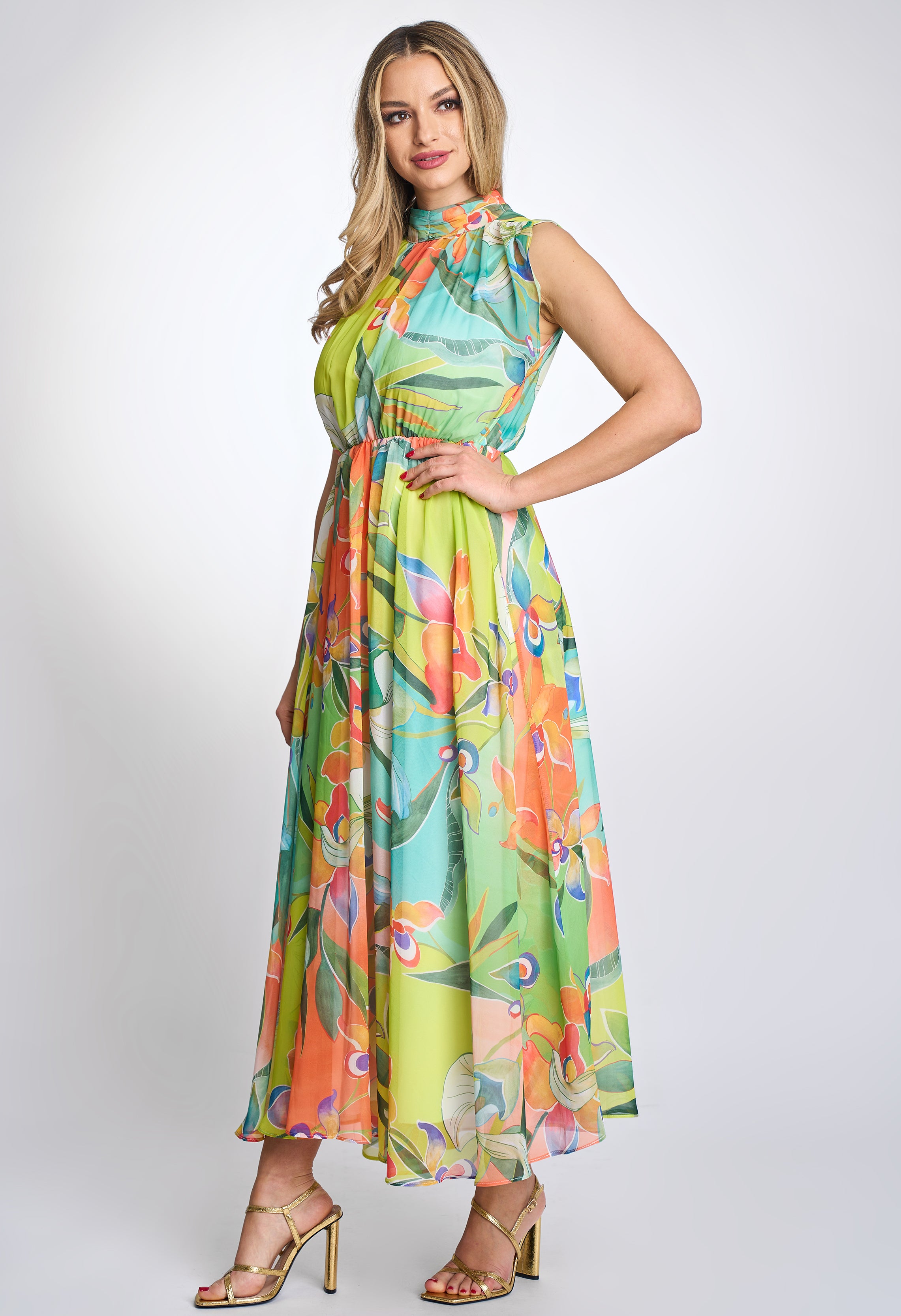 Rochie eleganta de zi louise lunga cu print floral verde