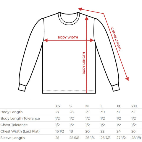 long sleeve tee shirt size chart