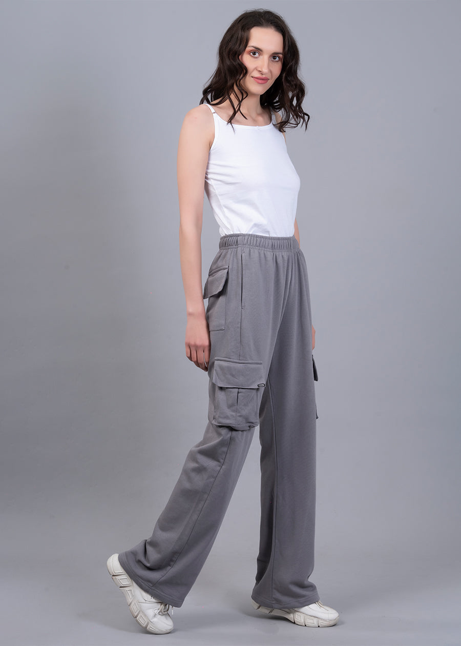 Off White Solid Cargo Pants For Womens
