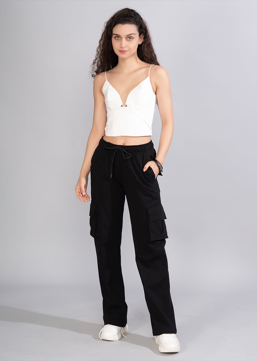 Off White Solid Cargo Pants For Womens