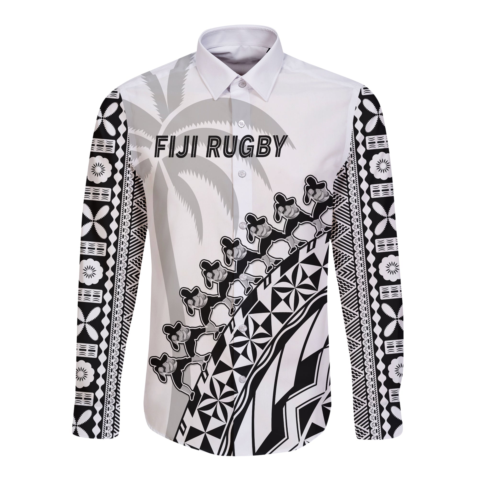 Fiji Rugby Long Sleeve Button Shirt Fijian Cibi Dance Tapa Pattern