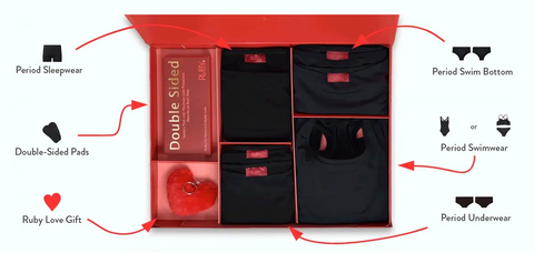 Ruby Love Ultimate Collection Box with Period Sleepwear, Period Swim Bottom, Period Swimwear, and Double-sided Pads