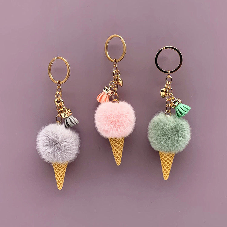 Ice Cream Keychain Cute Bag Cartoon Plush Pendant Cone Car Key Chain Ring Hair Ball Creative Gift