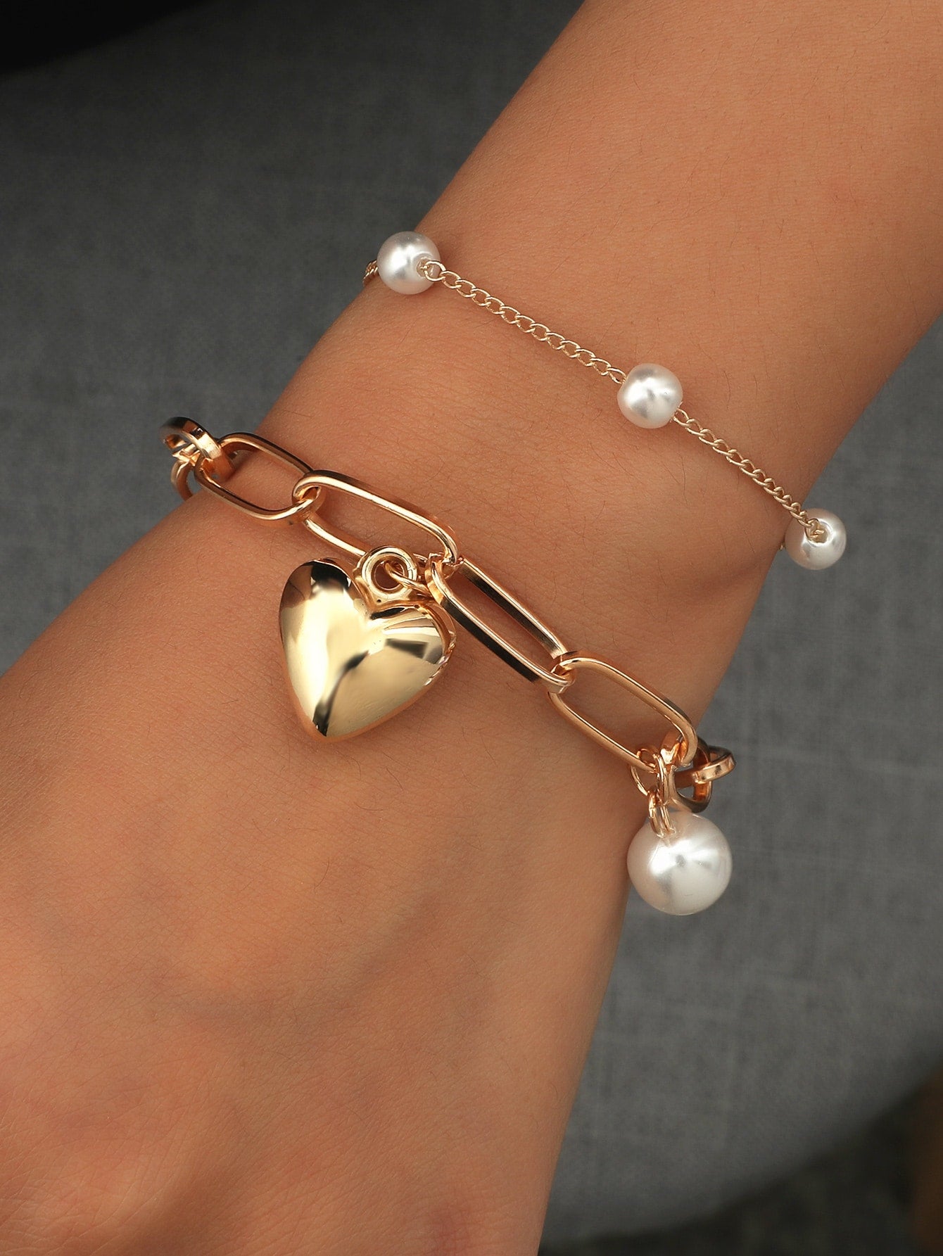 2pcs Faux Pearl & Heart Decor Bracelet for Women Girls Gifts