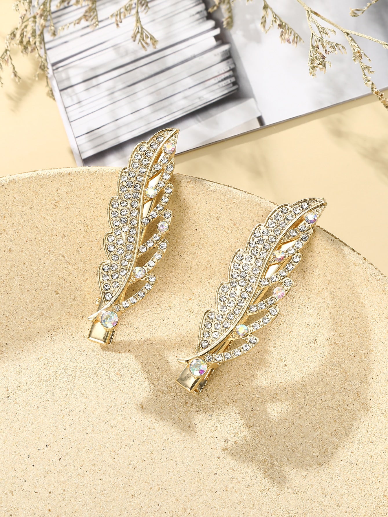 2pcs Rhinestone Leaf Decor Hair Clip Barrette for Women Girls Styling Hair