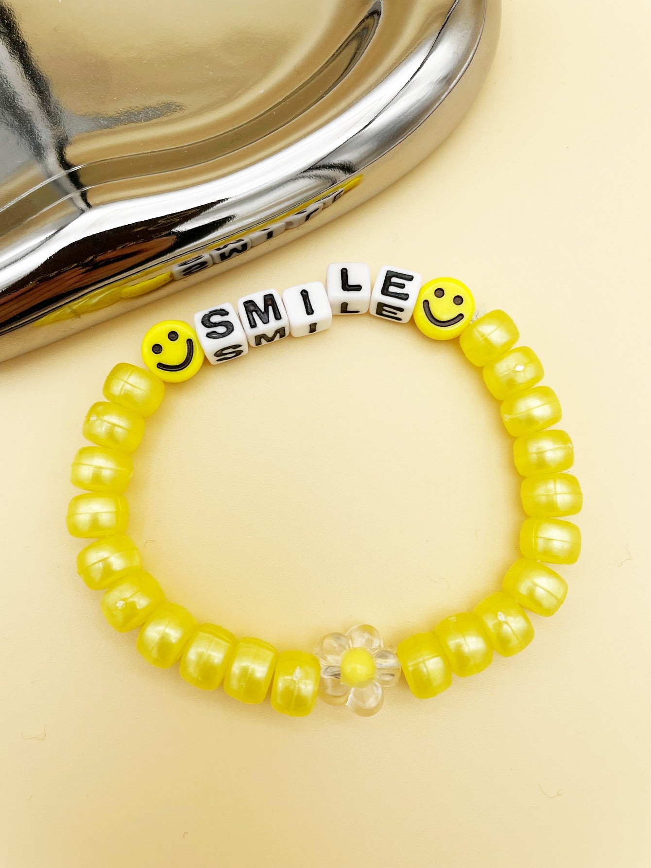 Smile Detail Cube Decor Beaded Bangle Bracelet Stretch Bracelets for Women Jewelry Gift Fashion Acce