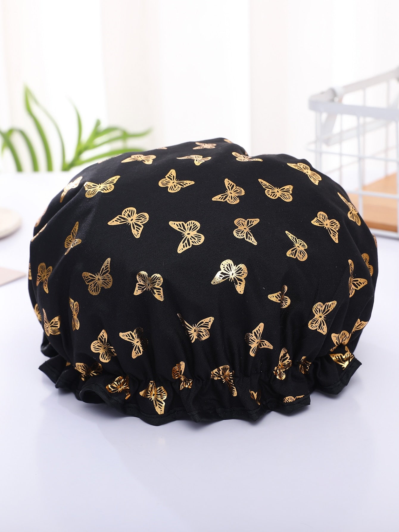 1pc Butterfly Pattern Shower Cap Waterproof Shower Cap Double Layer Elastic Bath