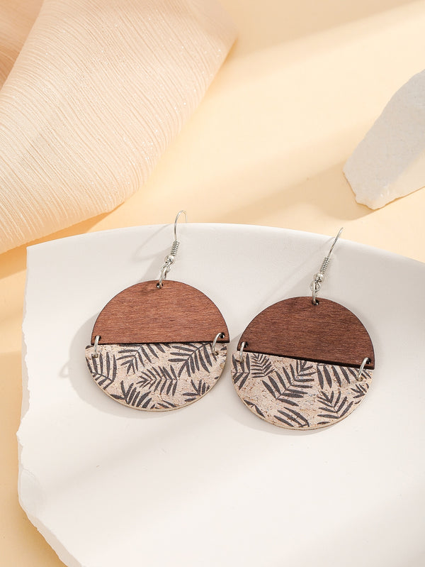 Leaf Print Wooden Round Drop Earrings Dangle Fashion Earrings for Women Party - Ecart
