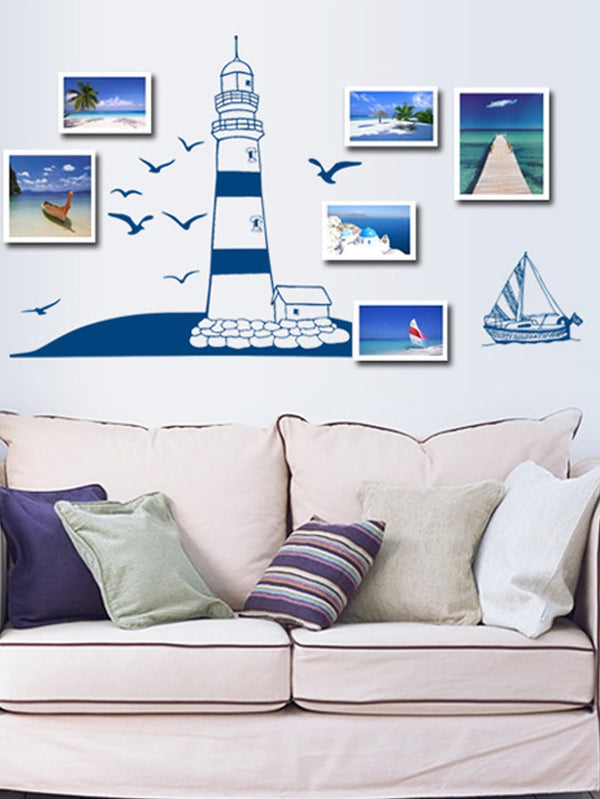 Lighthouse Pattern Wall Sticker Tower Sailboat Sea Gull Photo Home Art Wall - Ecart