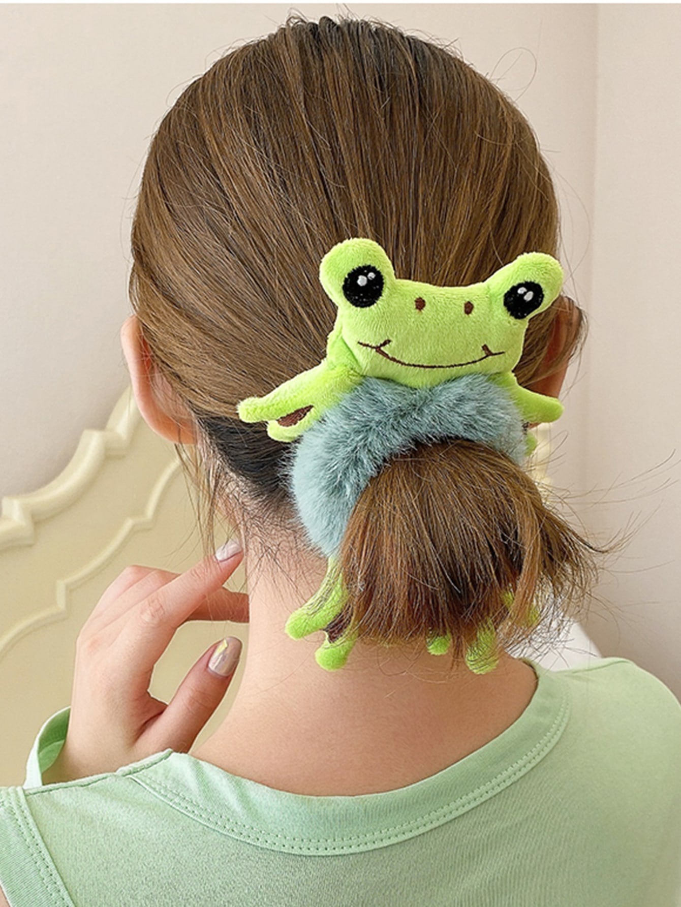 Fluffy Frog Decor Hair Tie Ponytail Holder Elastic Hair Bands Styling Hair