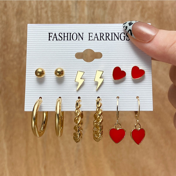 6 Pairs Set Red Heart Lightning Stud and Hoop Earrings Fashion Women Summer - Ecart
