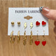 6 Pairs Set Red Heart Lightning Stud and Hoop Earrings Fashion Women Summer
