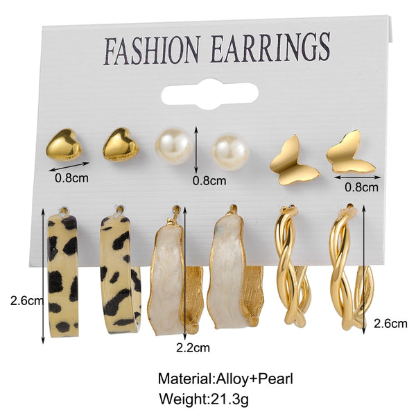 6 Pairs Beige Hoop and Stud Earrings Set Fashion Women Summer Party Jewelry - Ecart