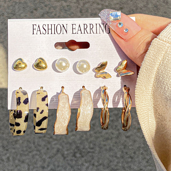 6 Pairs Beige Hoop and Stud Earrings Set Fashion Women Summer Party Jewelry - Ecart