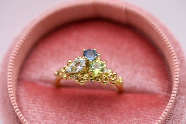 Granulated multi gemstone 18ct gold ring