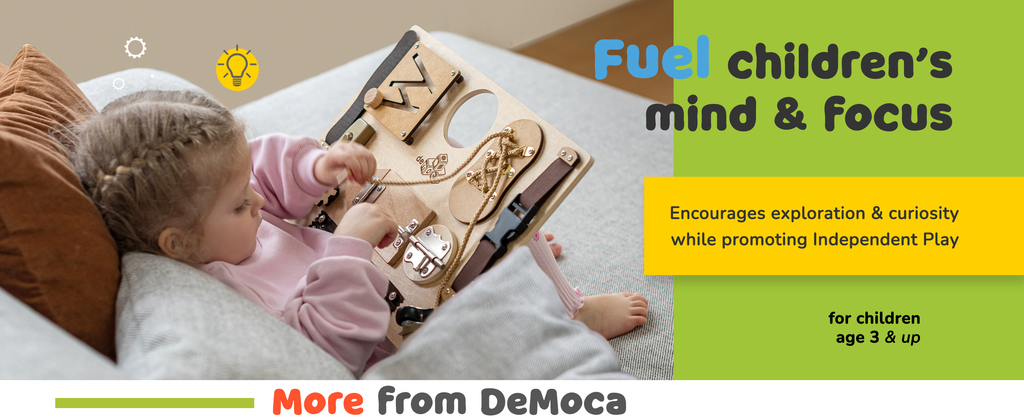 deMoca Montessori Busy Board for Toddlers, Wooden Activity Board with 10  Educational Activities for Learning Fine Motor Skills, Kids Sensory Toy