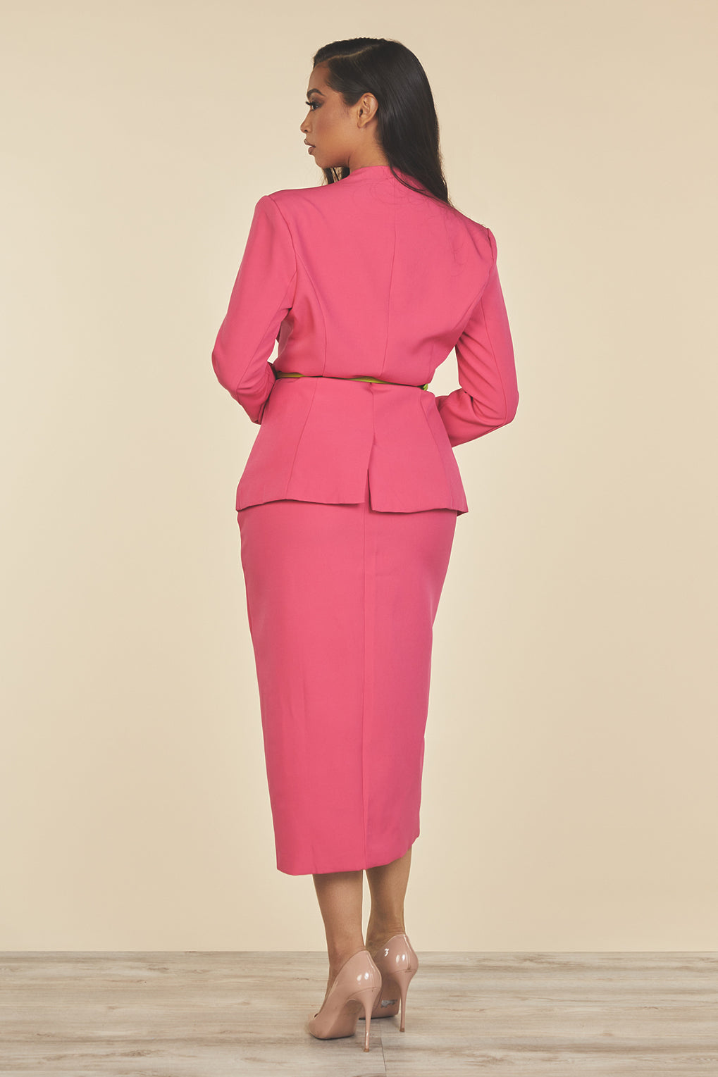 hot pink blazer skirt set