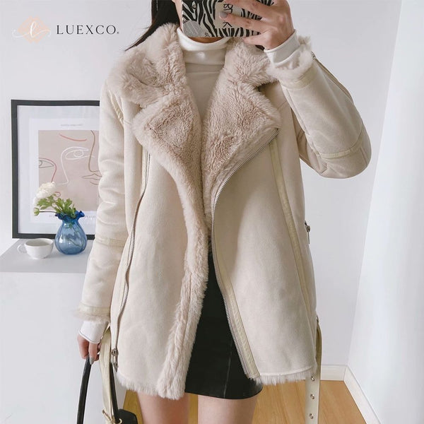 Luexco Women's Prim Chic PU Suede Shearer Fashion Coat Selfie