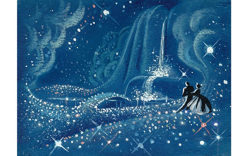 Cinderella and her Prince waltzing through magical moonlight in a mesmerizing piece of art by Mary Blair