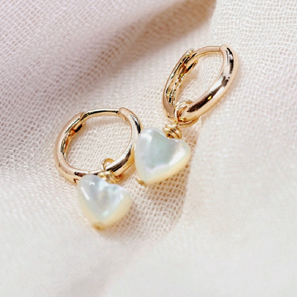 Mother of Pearl Heart Charm and Gold Huggie Hoop Earrings