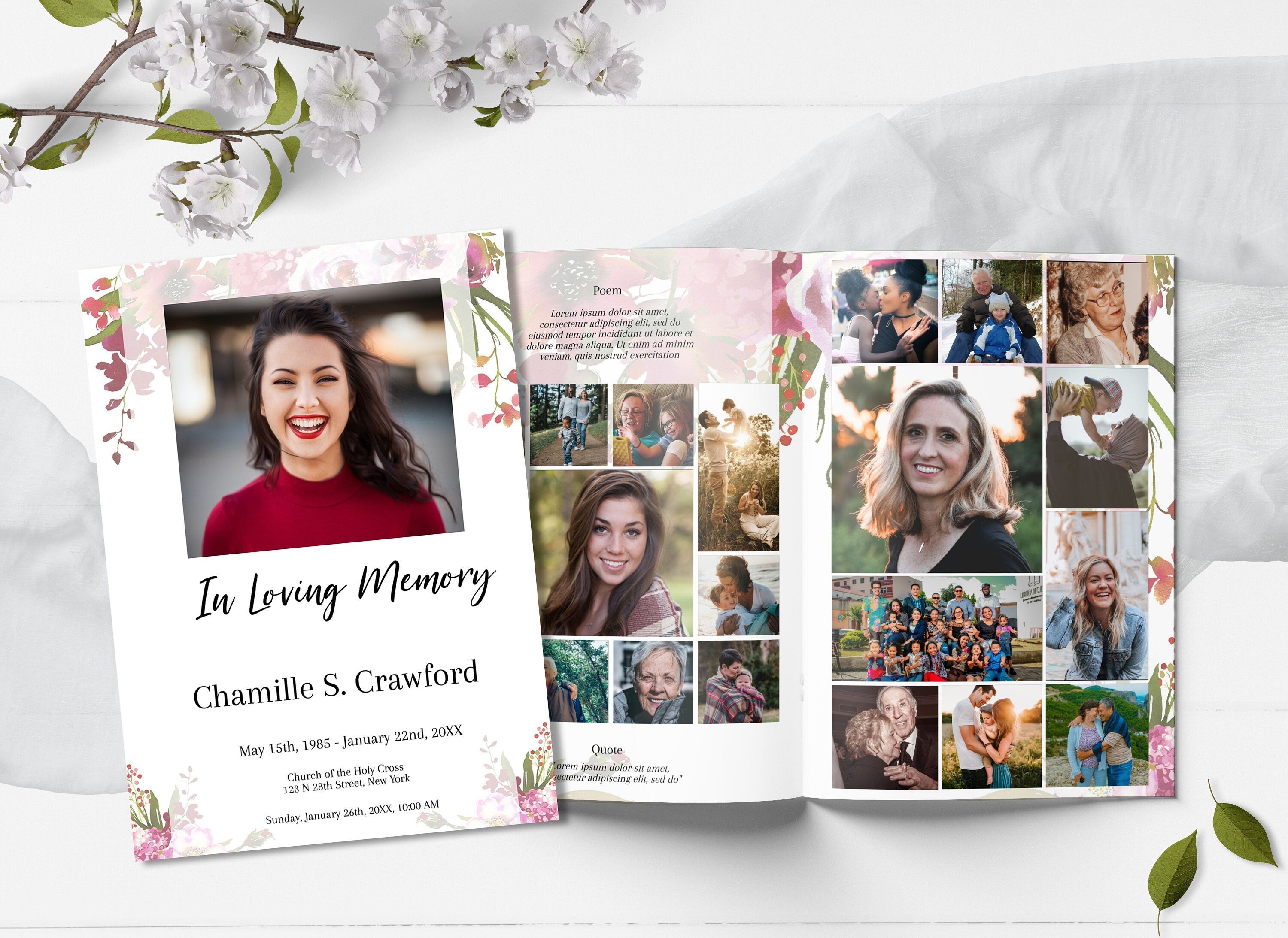 Funeral Program Designed With Red Flowers - 8 Page