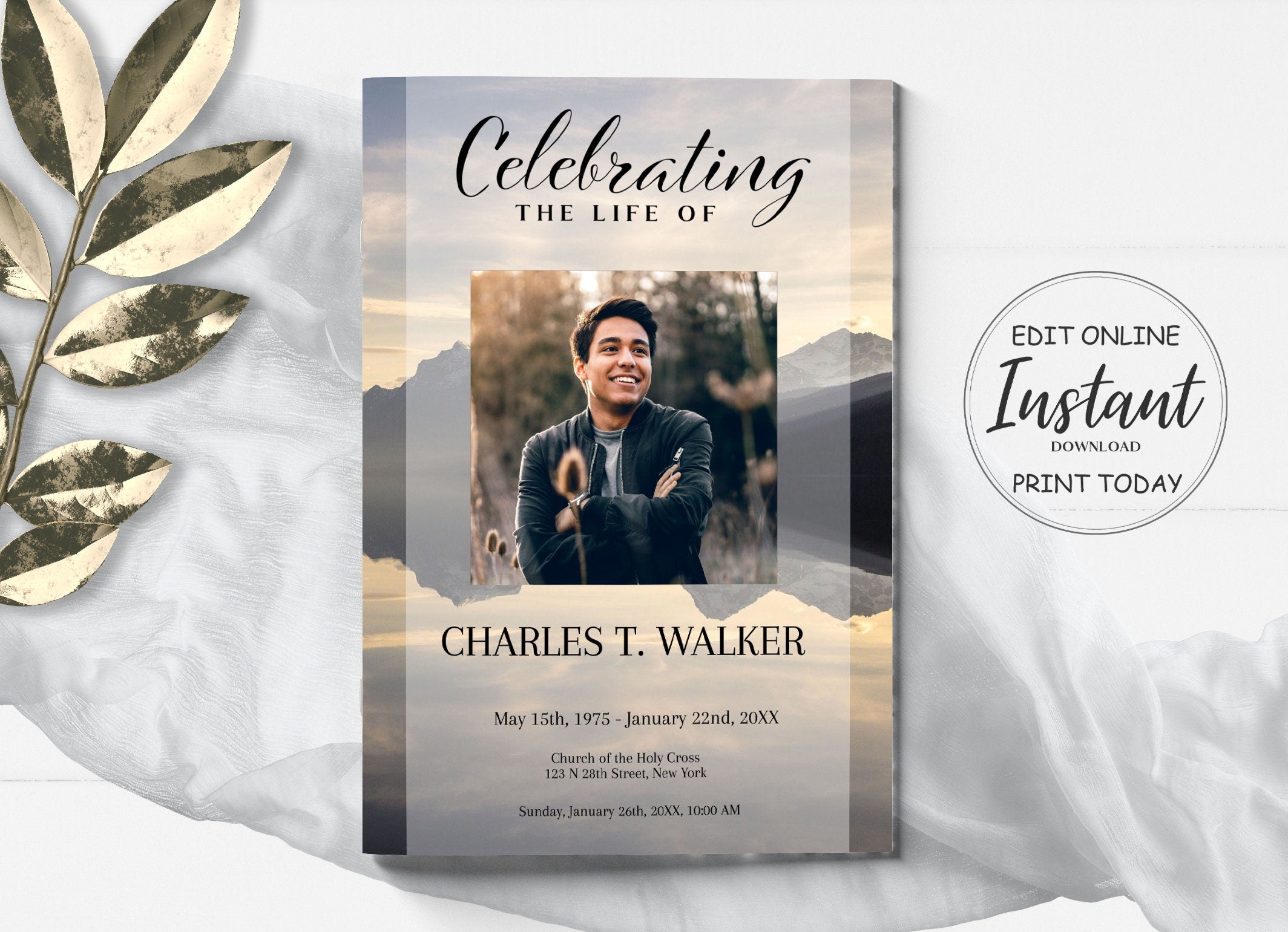 Mountain Lake Funeral Program Template for Man | Obituary Template to Honor Your Loved One | Celebration of Life Program Template | A109