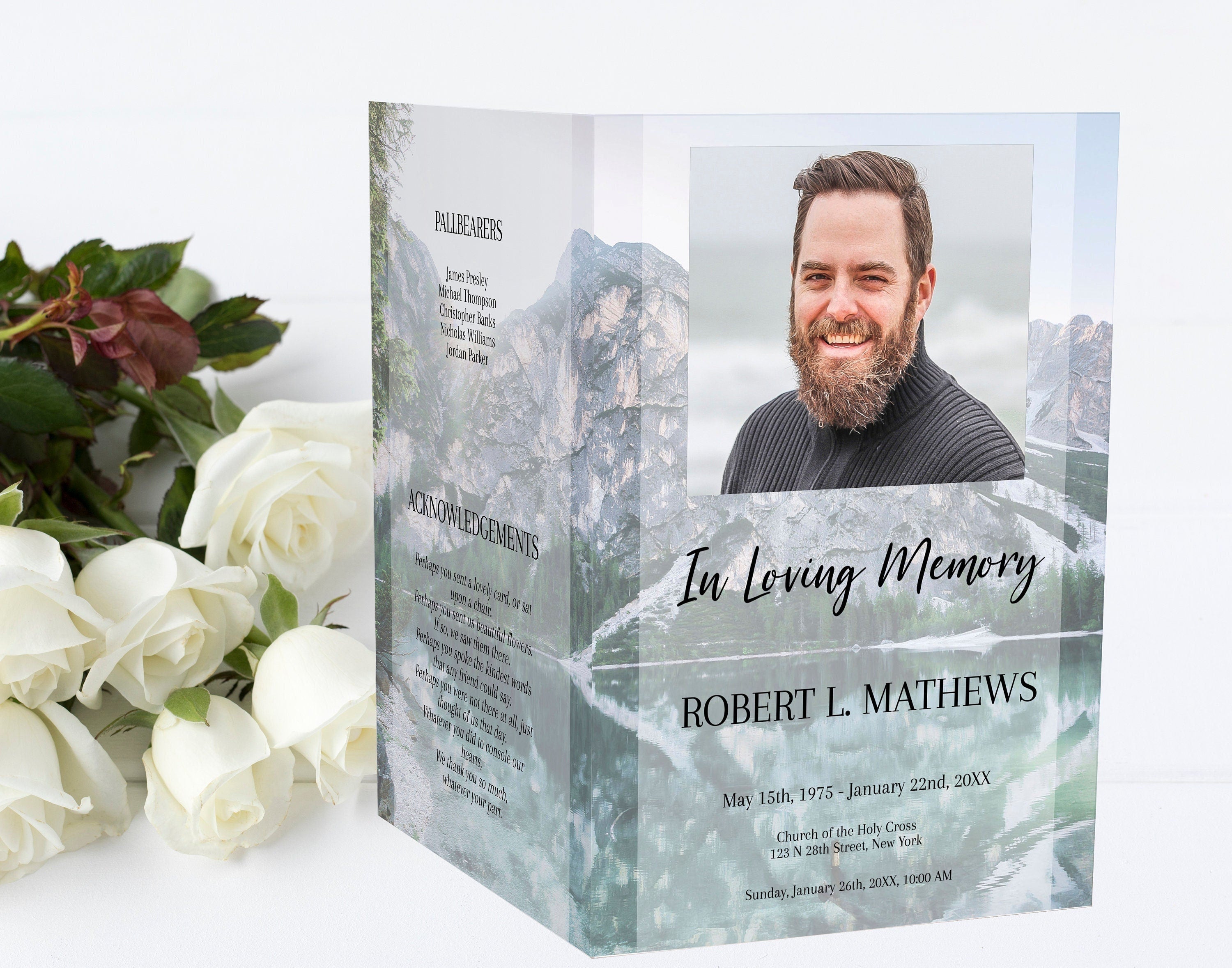 Mountain & Lake Scenery Funeral Program Template - 4 Page