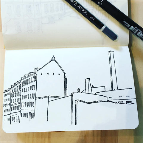 Sketchbook drawing of Copenhagen Streets