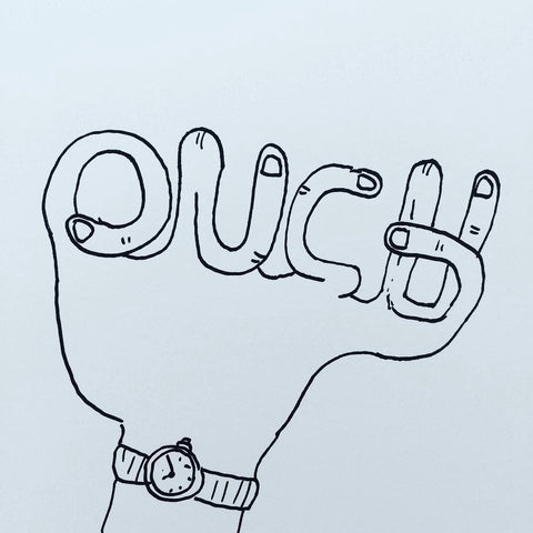 A drawing of a hand with the fingers twisted to spell "ouch"