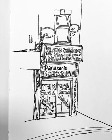 A line drawing of a TV repair shop with wires hanging out of it on the corner of the street