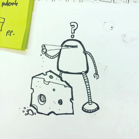 A doodle of a robot looking at a piece of cheese