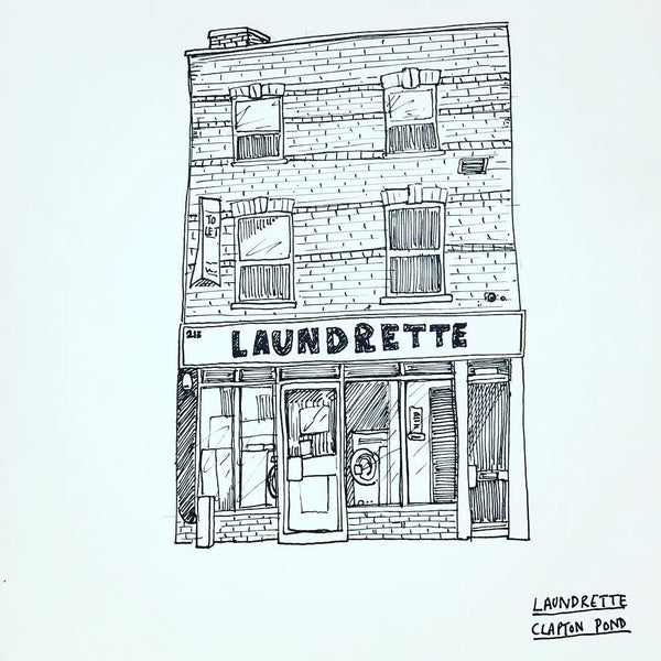 A line drawing of a laundrette in Clapton 