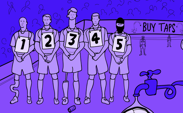 Episode artwork for Athletico Mince featuring an identification parade of footballers numbered 1-5