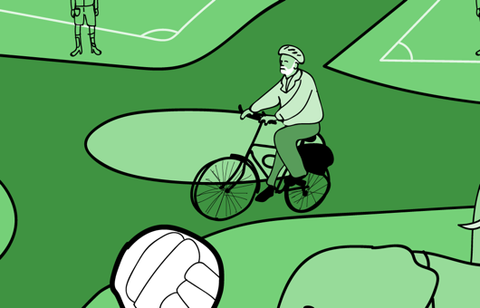 Jeremy Corbyn on a bike with a football flying towards him