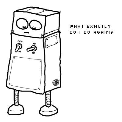 A robot with two on/off switches on its chest looking at them as if thinking "What do they do?"