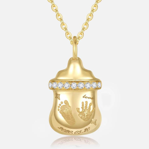 TDC™ 18K Gold Baby Engravable Feeding Bottle Handprints Footprint Necklace