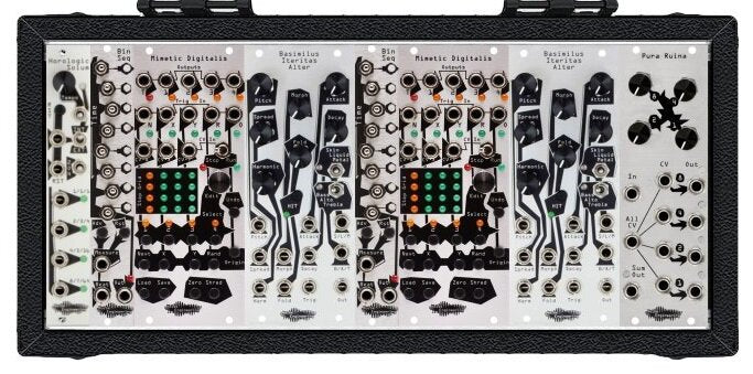 A 60HP case of Noise Engineering modules, including the Basimilus Iteritas Alter, some sequencing (both triggers from Bin Seq and CV from Mimetic Digitalis) and a little bit of distortion, too.