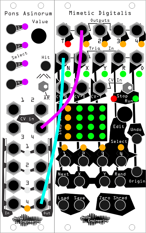 An LFO's output advances a CV sequencer. The CV sequencer's output is patched to the LFO's frequency CV input.