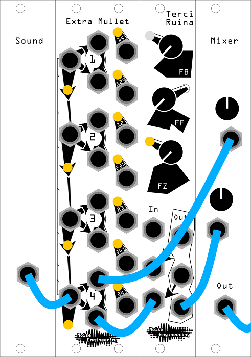 An illustrated patch displaying a simple concept: mix a dry, unprocessed signal with a heavily processed version for a new sound that keeps some of the original flavor but still has, for instance, the transient emphasis that comes from heavy compression.