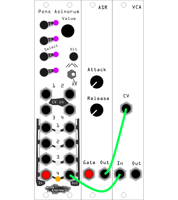 An illustrated patch: run the decay envelope through the VCA, control the VCA with the ASR envelope, and trigger both envelopes with the same gate.