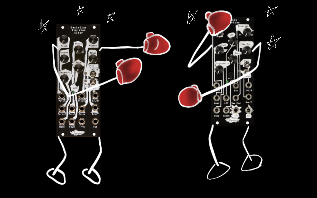 An illustration of two voice modules, Basimilus Iteritas Alter and Manis Iteritas, as boxers in a boxing match. These modules are often compared to each other.