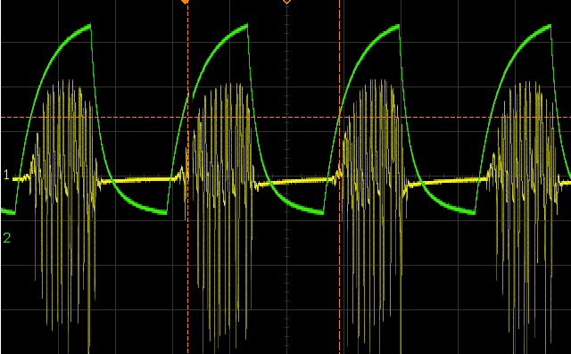 A visual rendering of a sound in yellow, and an envelope contour of the sound in green. It is a very simple Attack-Release envelope.
